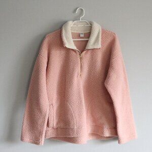 Old Navy Women's Sz Lrg Pink 1/2 Zip Sherpa Pullover Stretch Pocket Sweater